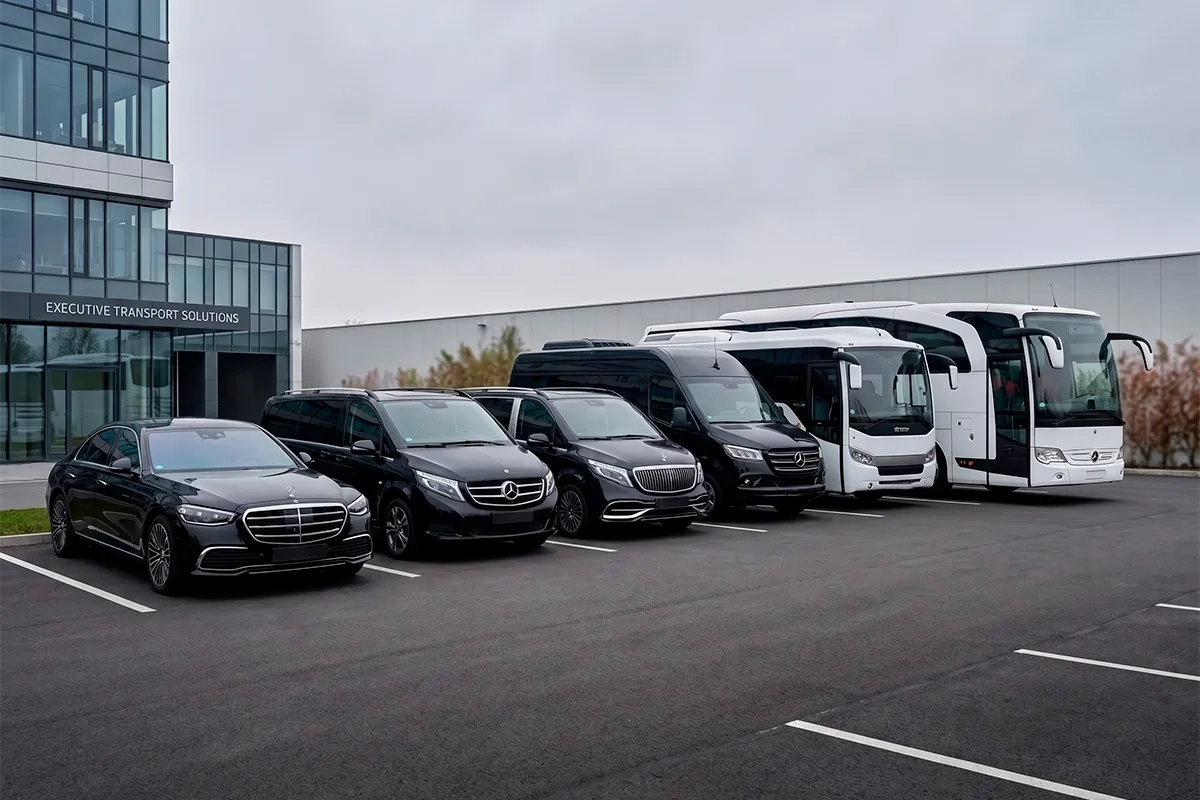 Vehicle fleet including a sedan, VIP minivans, minibuses and coaches used for passenger transportation